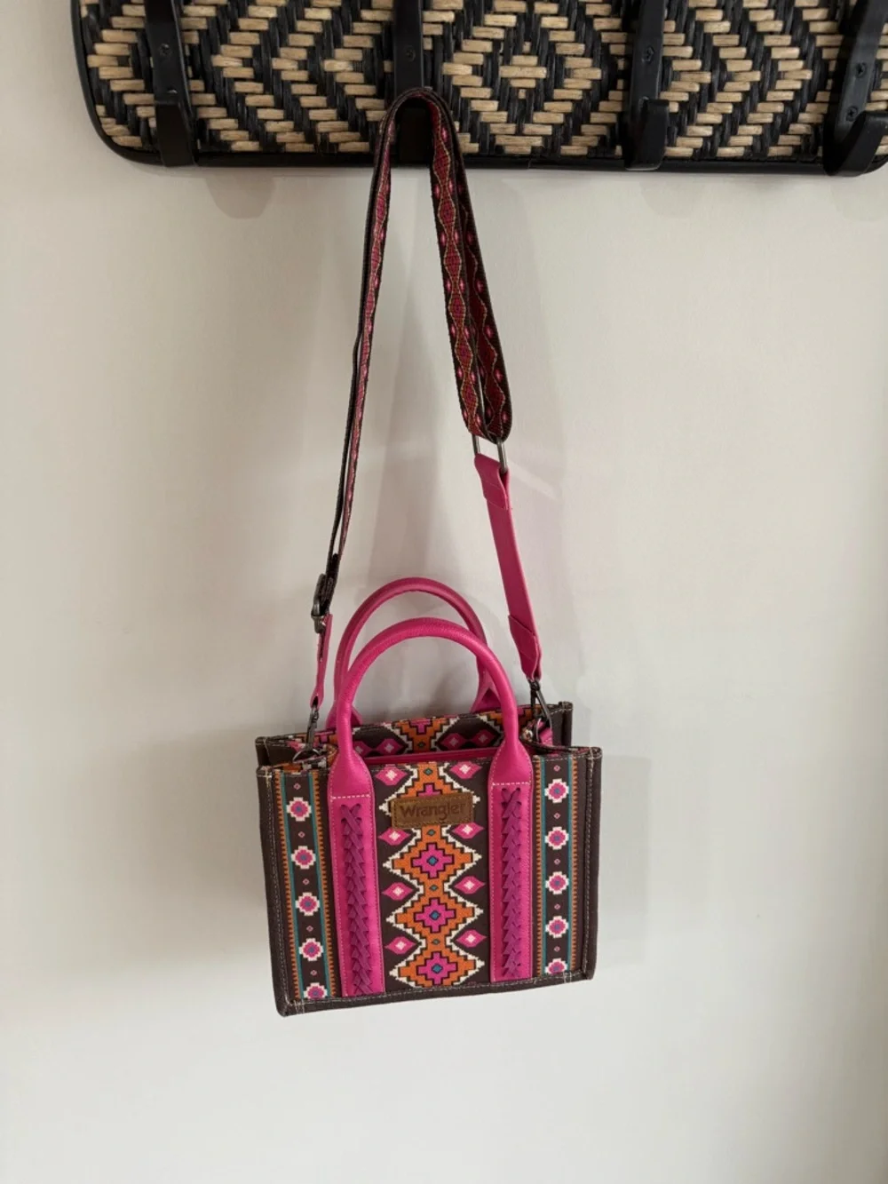 Wrangler Women's Southwestern Print Canvas Crossbody Tote Bag - Hot Pink/Brown - Picture 4 of 12